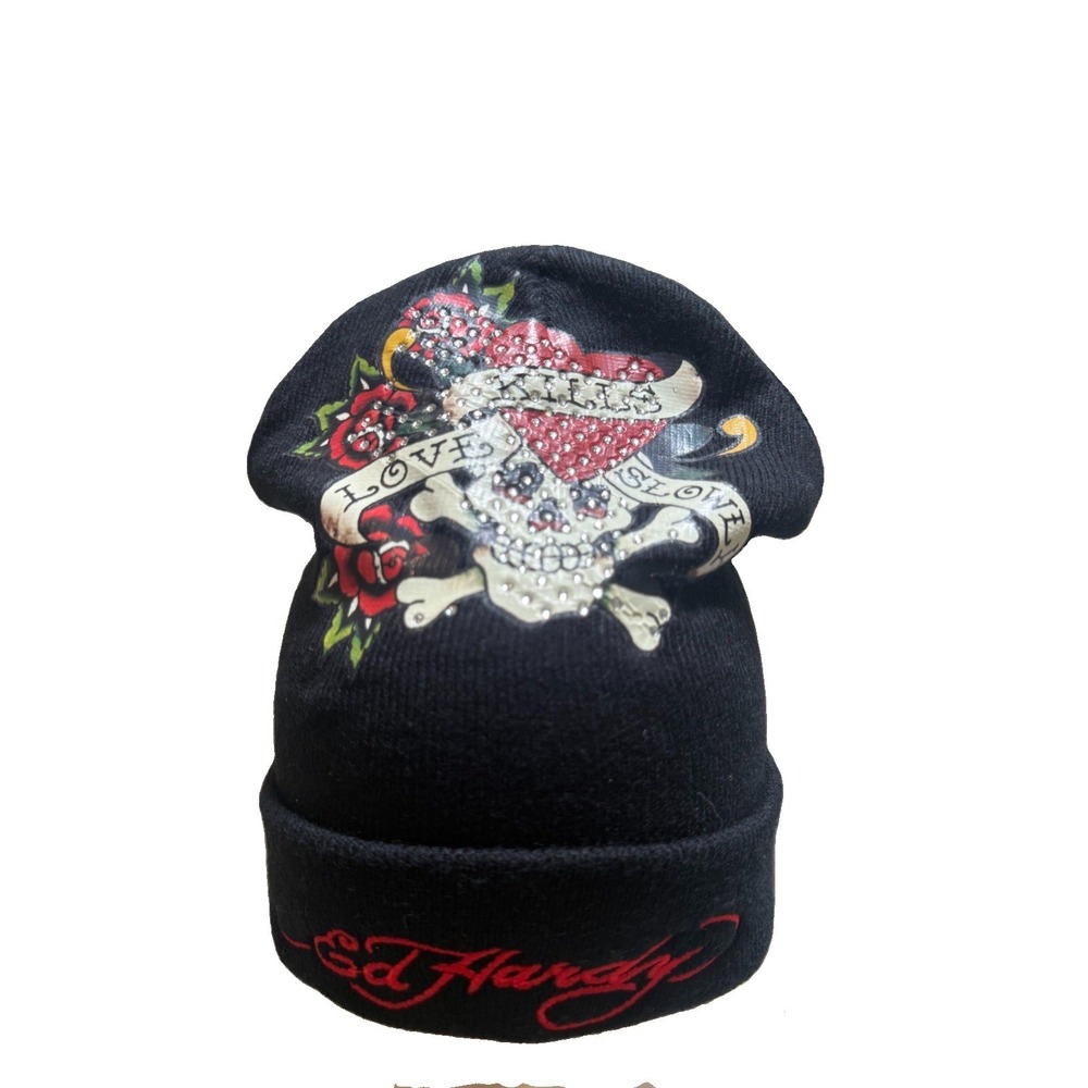 Ed Hardy Love Kills Slowly Skull Beanie Hat Black Rhinestone Cuffed Y2K Vintage